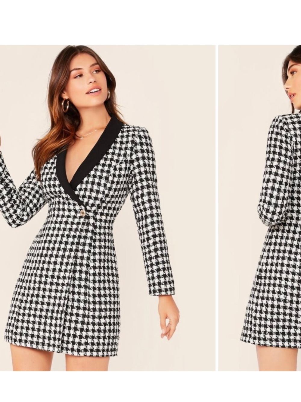 SHEIN Black & White Houndstooth V-Neck Blazer Dress